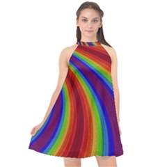 Abstract Pattern Lines Wave Halter Neckline Chiffon Dress 