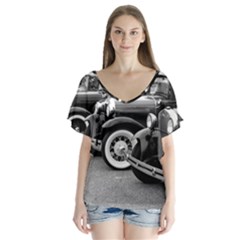 Vehicle Car Transportation Vintage V-neck Flutter Sleeve Top by Nexatart