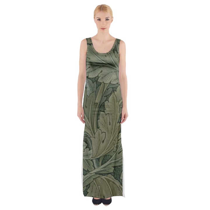 Vintage Background Green Leaves Maxi Thigh Split Dress