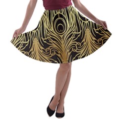 Gold, Black,peacock Pattern,art Nouveau,vintage,belle Epoque,chic,elegant,peacock Feather,beautiful A-line Skater Skirt by NouveauDesign