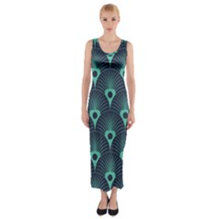 Blue,teal,peacock Pattern,art Deco Fitted Maxi Dress by NouveauDesign