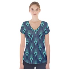 Blue,teal,peacock Pattern,art Deco Short Sleeve Front Detail Top by NouveauDesign