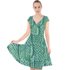 Knitted Wool Square Green Cap Sleeve Front Wrap Midi Dress