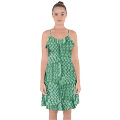 Knitted Wool Square Green Ruffle Detail Chiffon Dress