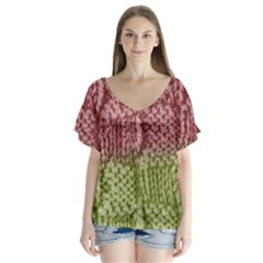 Knitted Wool Square Pink Green V-neck Flutter Sleeve Top by snowwhitegirl