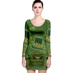 Happy St  Patrick s Day With Clover Long Sleeve Bodycon Dress by FantasyWorld7