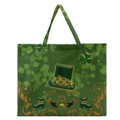 Happy St  Patrick s Day With Clover Zipper Large Tote Bag by FantasyWorld7