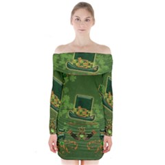 Happy St  Patrick s Day With Clover Long Sleeve Off Shoulder Dress by FantasyWorld7