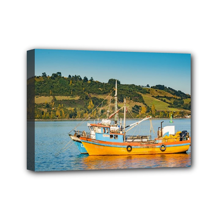 Fishing Boat At Lake, Chiloe, Chile Mini Canvas 7  x 5 