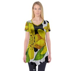 Floral Cow Print Short Sleeve Tunic  by dawnsiegler