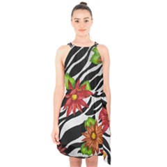 Floral Zebra Print Halter Collar Waist Tie Chiffon Dress by dawnsiegler