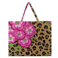 Floral Leopard Print Zipper Large Tote Bag