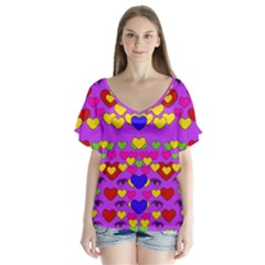 I Love This Lovely Hearty One V-neck Flutter Sleeve Top by pepitasart