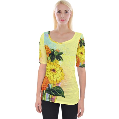 Background Flowers Yellow Bright Wide Neckline Tee by Nexatart