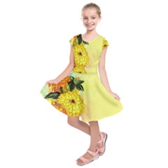 Background Flowers Yellow Bright Kids  Short Sleeve Dress by Nexatart