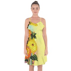 Background Flowers Yellow Bright Ruffle Detail Chiffon Dress