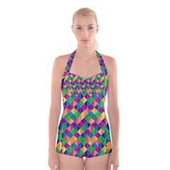 Background Geometric Triangle Boyleg Halter Swimsuit 