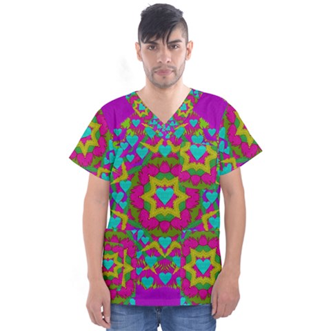 Hearts In A Mandala Scenery Of Fern Men s V-neck Scrub Top by pepitasart