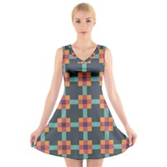 Squares Geometric Abstract Background V-neck Sleeveless Skater Dress