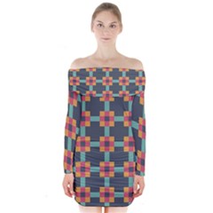 Squares Geometric Abstract Background Long Sleeve Off Shoulder Dress by Nexatart