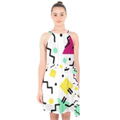 Art Background Abstract Unique Halter Collar Waist Tie Chiffon Dress