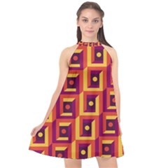 3 D Squares Abstract Background Halter Neckline Chiffon Dress 