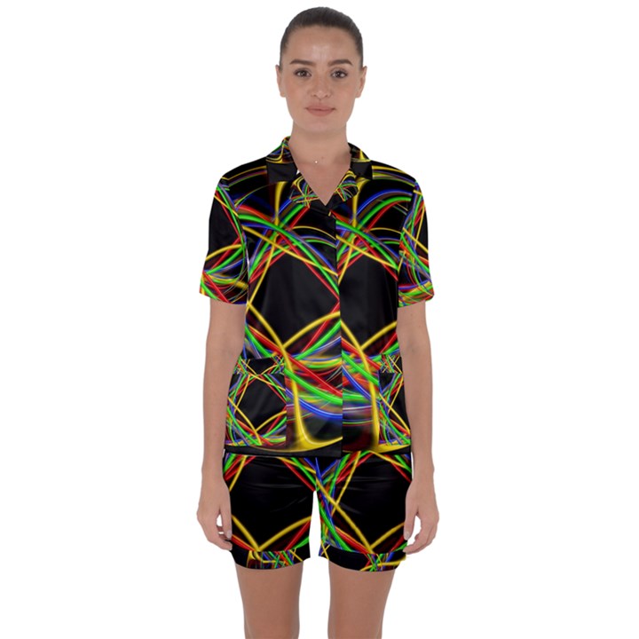 Ball Abstract Pattern Lines Satin Short Sleeve Pyjamas Set