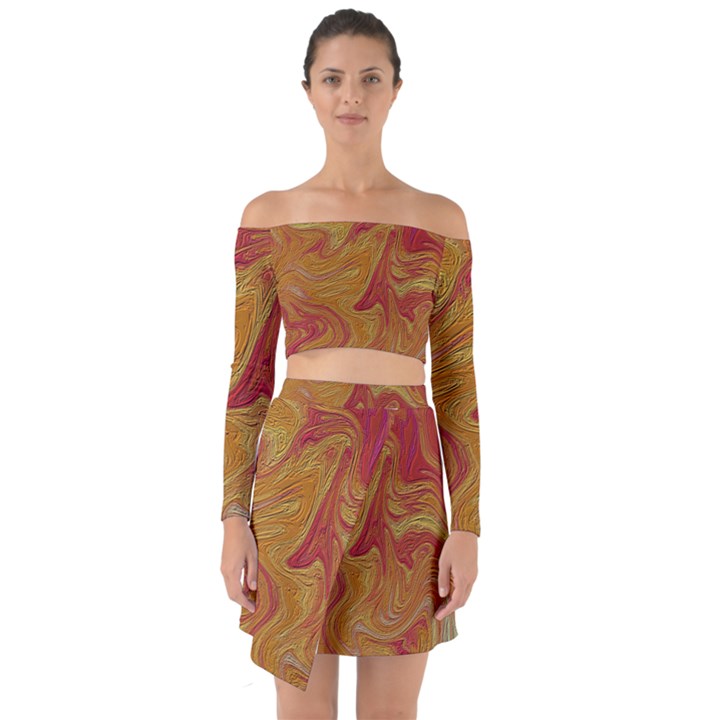 Texture Pattern Abstract Art Off Shoulder Top with Skirt Set