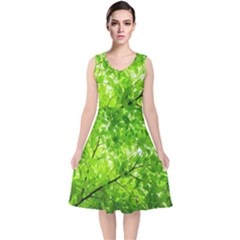 Green Wood The Leaves Twig Leaf Texture V-neck Midi Sleeveless Dress  by Nexatart