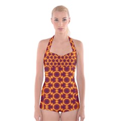 Black And Orange Diamond Pattern Boyleg Halter Swimsuit 