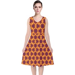 Black And Orange Diamond Pattern V-neck Midi Sleeveless Dress 