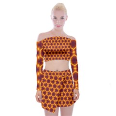 Black And Orange Diamond Pattern Off Shoulder Top With Mini Skirt Set