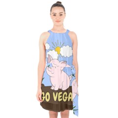 Go Vegan - Cute Pig Halter Collar Waist Tie Chiffon Dress by Valentinaart