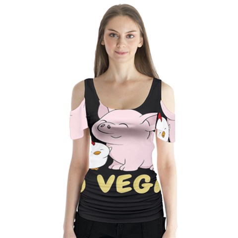 Go Vegan - Cute Pig And Chicken Butterfly Sleeve Cutout Tee  by Valentinaart
