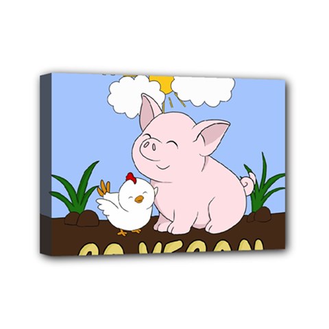 Go Vegan - Cute Pig And Chicken Mini Canvas 7  X 5  by Valentinaart