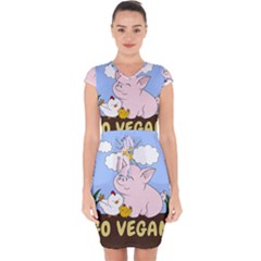 Go Vegan - Cute Pig And Chicken Capsleeve Drawstring Dress 