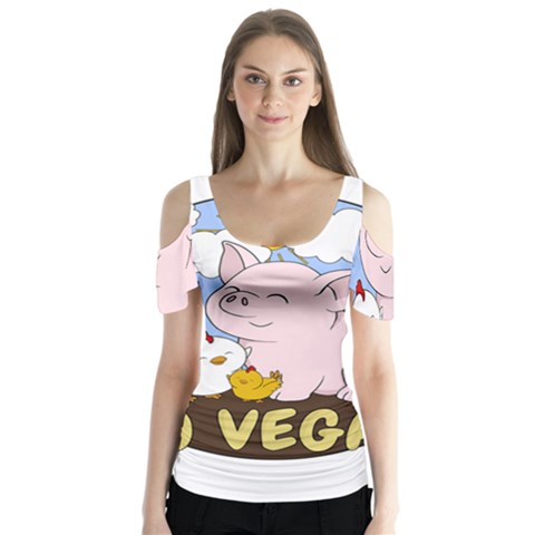 Go Vegan - Cute Pig And Chicken Butterfly Sleeve Cutout Tee  by Valentinaart