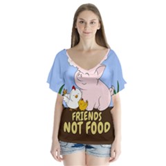 Friends Not Food - Cute Pig And Chicken V-neck Flutter Sleeve Top