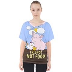 Friends Not Food - Cute Pig And Chicken V-neck Dolman Drape Top by Valentinaart
