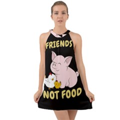 Friends Not Food - Cute Pig And Chicken Halter Tie Back Chiffon Dress by Valentinaart