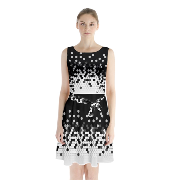 Flat Tech Camouflage Black And White Sleeveless Waist Tie Chiffon Dress