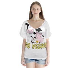 Friends Not Food - Cute Pig And Chicken V-neck Flutter Sleeve Top