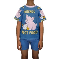 Friends Not Food - Cute Pig And Chicken Kids  Short Sleeve Swimwear by Valentinaart