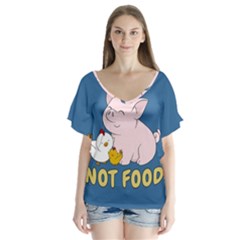 Friends Not Food - Cute Pig And Chicken V-neck Flutter Sleeve Top by Valentinaart