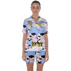 Friends Not Food - Cute Cow, Pig And Chicken Satin Short Sleeve Pyjamas Set by Valentinaart