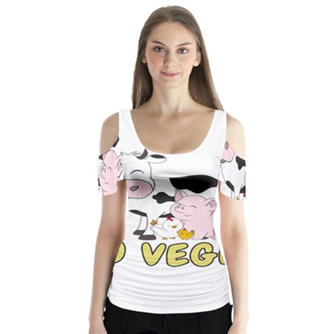 Friends Not Food - Cute Cow, Pig And Chicken Butterfly Sleeve Cutout Tee  by Valentinaart