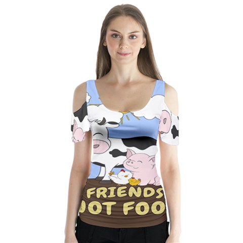 Friends Not Food - Cute Cow, Pig And Chicken Butterfly Sleeve Cutout Tee  by Valentinaart