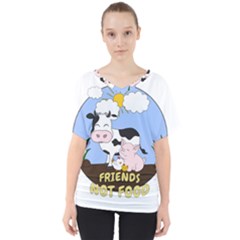 Friends Not Food - Cute Cow, Pig And Chicken V-neck Dolman Drape Top by Valentinaart