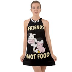 Friends Not Food - Cute Cow, Pig And Chicken Halter Tie Back Chiffon Dress by Valentinaart