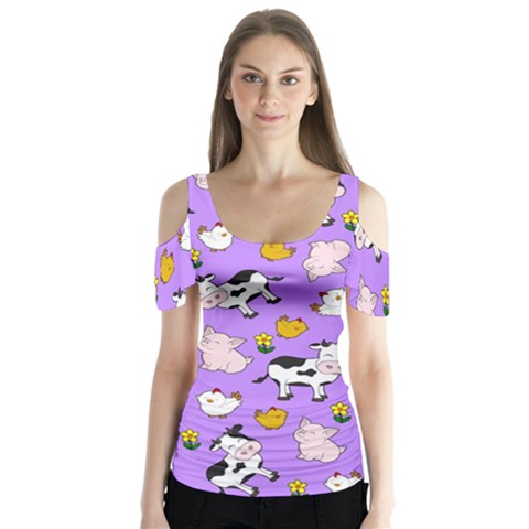 The Farm Pattern Butterfly Sleeve Cutout Tee  by Valentinaart